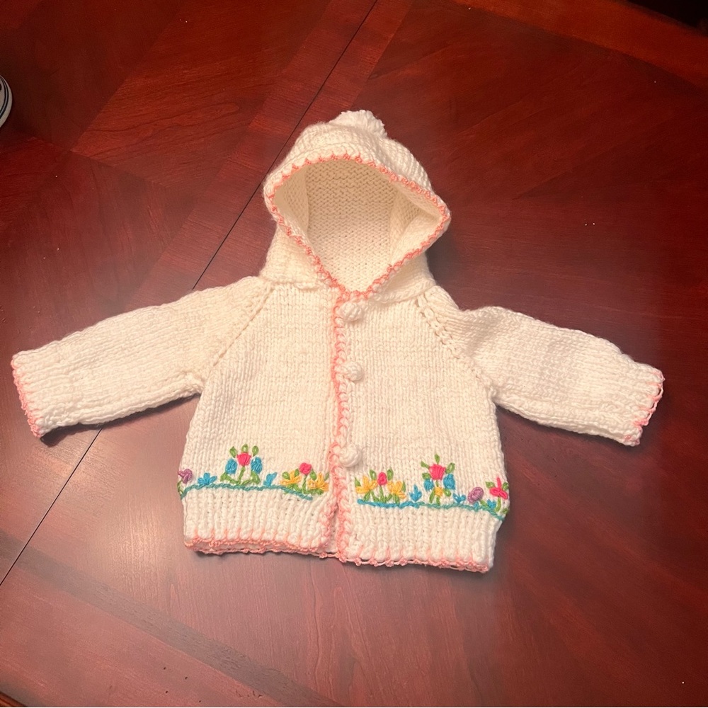 Cream handmade Knit Baby Hoodie with Floral Trim